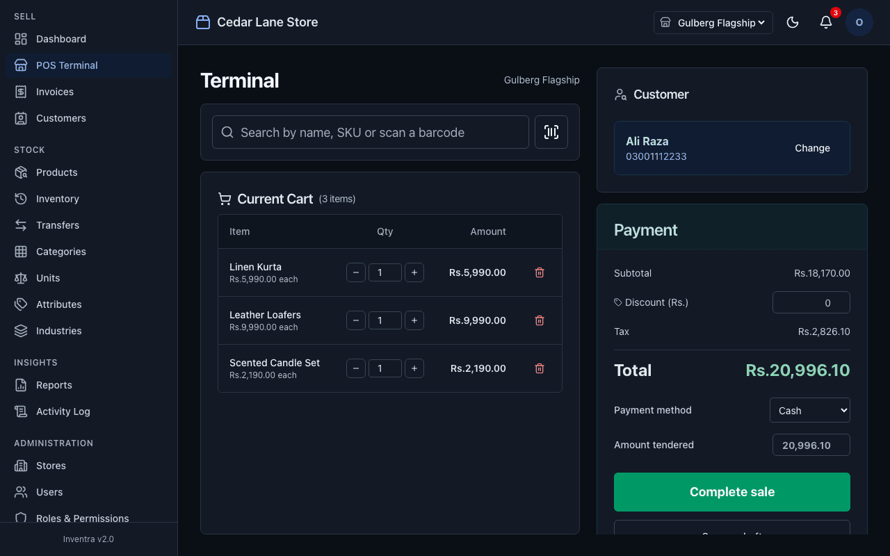 Inventra POS terminal in dark mode