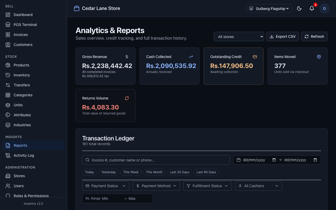 Inventra reports in dark mode