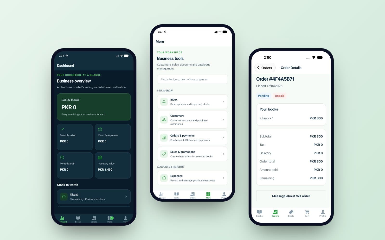 Kitab Ledger's dashboard, business tools and an order on three phones