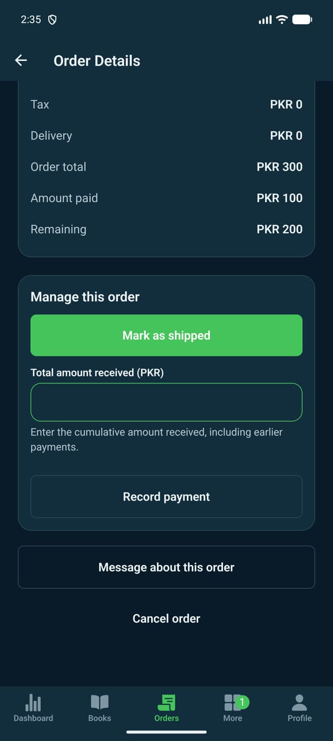 Managing an order and recording a payment